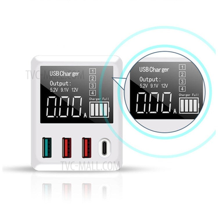 A9T+ USB+Type C 4-Port 40W Quick Charge Wall Adapter PD QC 3.0 Fast Charger with LCD Display - UK Plug