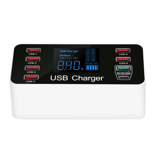 A9+ 8-Port USB+Type C 40W Quick Charge Adapter with LCD Display QC 3.0 Wall Charger - US Plug