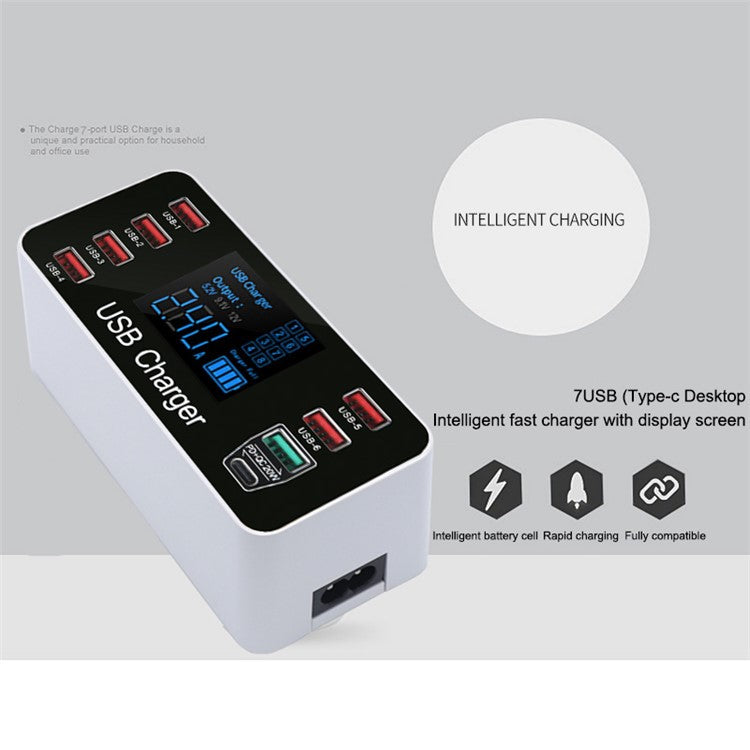 A9+ 8-Port USB+Type C 40W Quick Charge Adapter with LCD Display QC 3.0 Wall Charger - AU Plug