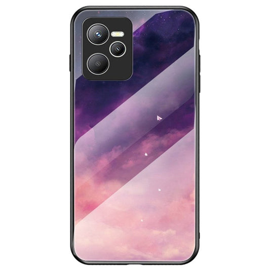 Starry Sky Tempered Glass Phone Cover for Realme C35, Fingerprint-Free Air Bag Protection Hybrid Case - Purple Sky