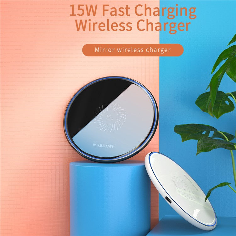 ESSAGER Mirror Series 15W Desktop Quick Charger Wireless Charging Pad (with 1m Type-C Cable) - Black
