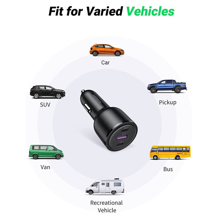 UGREEN For iPhone 13 Pro Max iPad Pro 69W QC3.0 Quick Charger USB + 2x Type-C 3-port Car Cigarette Lighter Adapter