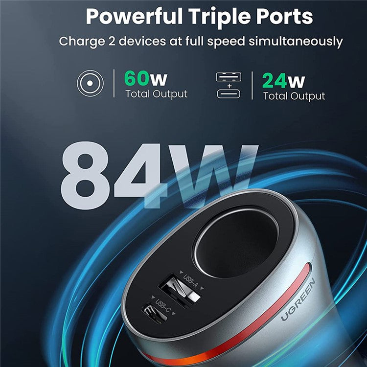 UGREEN PD 20W QC 3.0 USB + Type-C Fast Charger Cigarette Lighter Adapter for 12V/24V Car