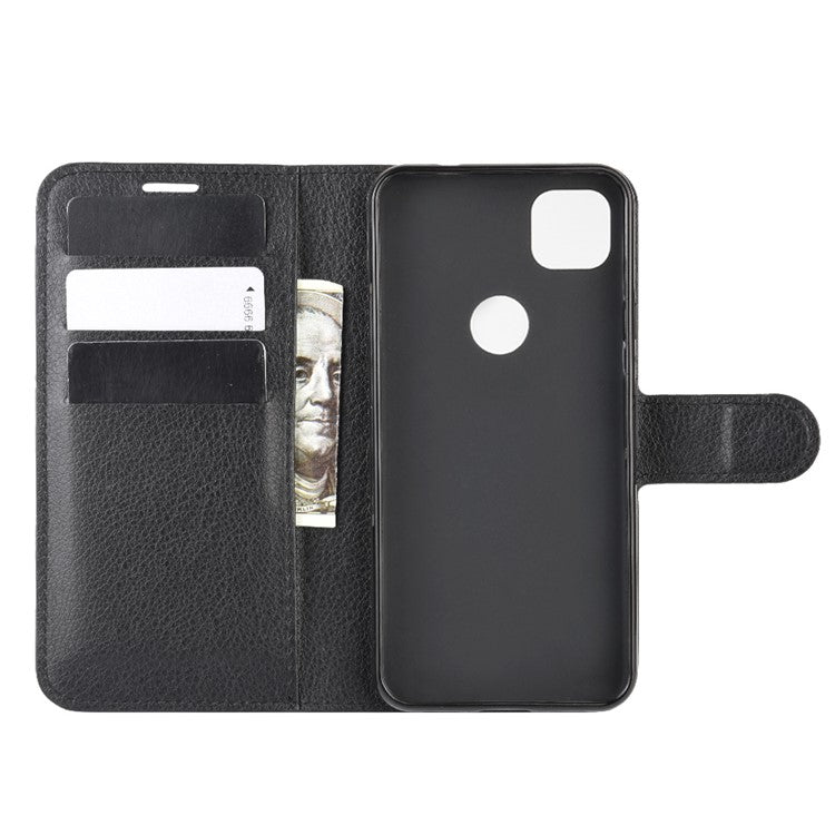 Litchi Skin PU Leather Wallet Stand Cell Phone Cover for Google Pixel 4a with Magnetic Clasp Closure - Black