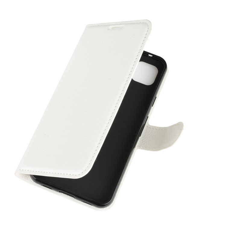 Litchi Skin PU Leather Wallet Stand Cell Phone Cover for Google Pixel 4a with Magnetic Clasp Closure - White