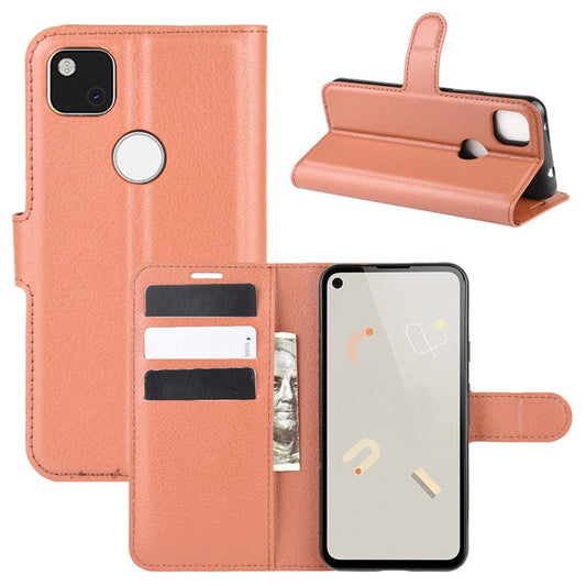 Litchi Skin PU Leather Wallet Stand Cell Phone Cover for Google Pixel 4a with Magnetic Clasp Closure - Brown