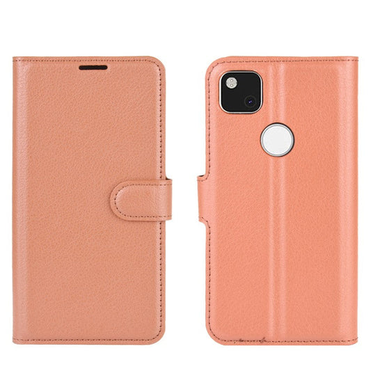 Litchi Skin PU Leather Wallet Stand Cell Phone Cover for Google Pixel 4a with Magnetic Clasp Closure - Brown