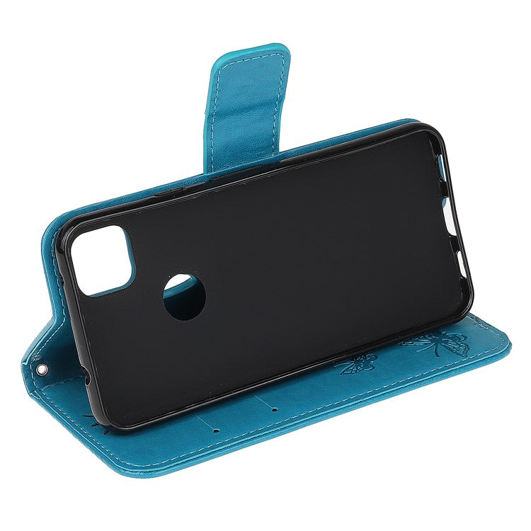 Imprint Butterfly Flower PU Leather Case with Strap for Google Pixel 4a - Blue