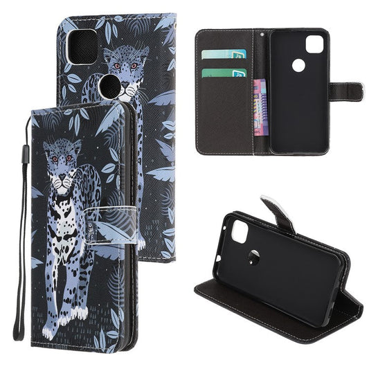 Cross Texture Pattern Printing Leather Wallet Stand Cover with Strap for Google Pixel 4a - Leopard