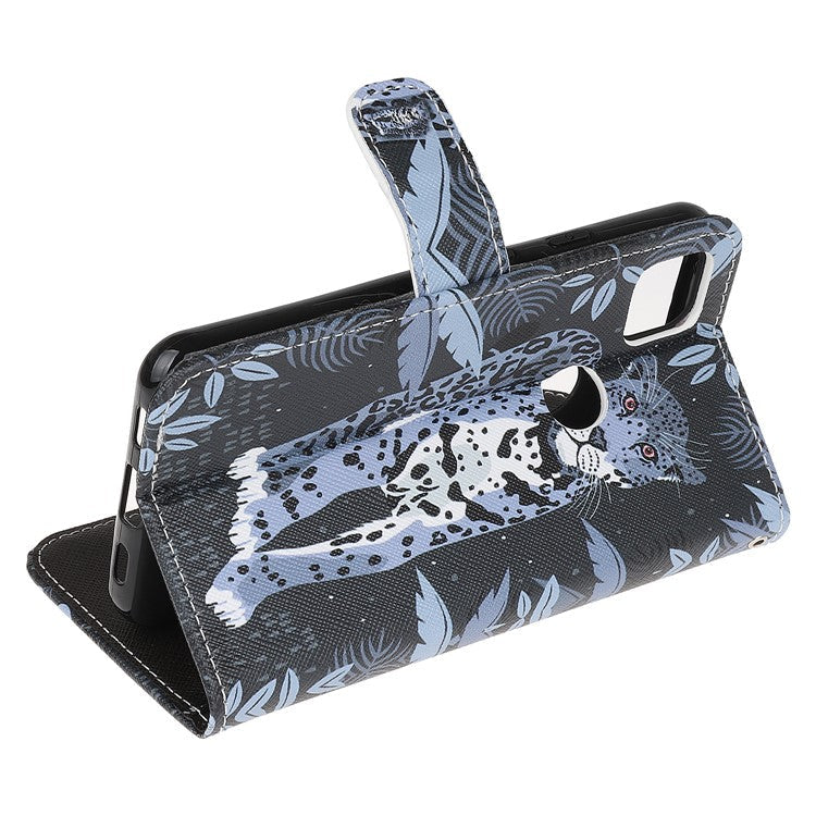 Cross Texture Pattern Printing Leather Wallet Stand Cover with Strap for Google Pixel 4a - Leopard