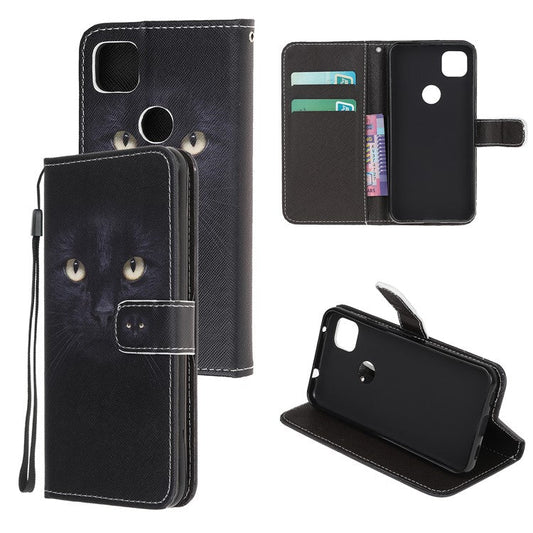 Cross Texture Pattern Printing Leather Wallet Stand Cover with Strap for Google Pixel 4a - Cat Eyes