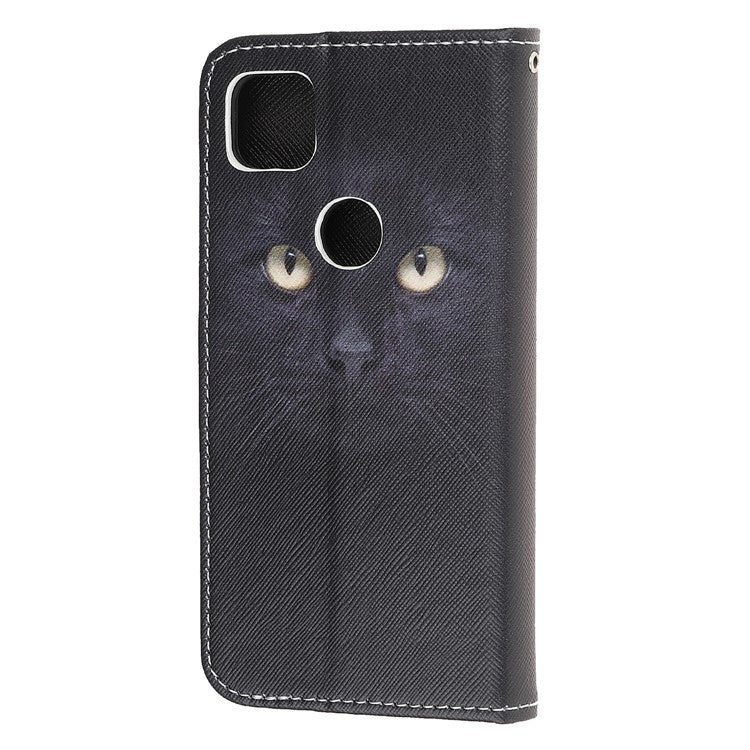 Cross Texture Pattern Printing Leather Wallet Stand Cover with Strap for Google Pixel 4a - Cat Eyes