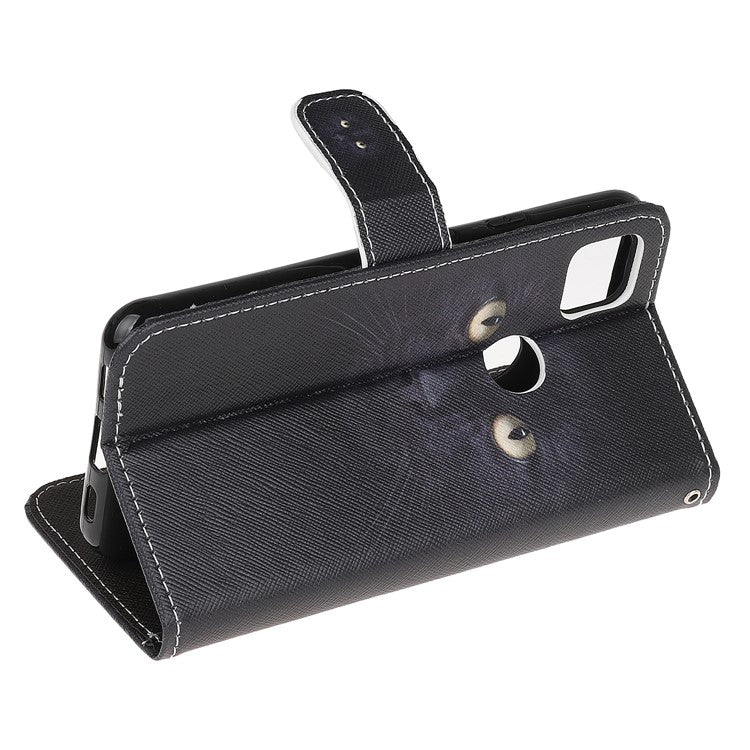 Cross Texture Pattern Printing Leather Wallet Stand Cover with Strap for Google Pixel 4a - Cat Eyes