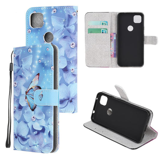 Cross Texture Pattern Printing Leather Wallet Stand Cover with Strap for Google Pixel 4a - Butterfly and Flowers