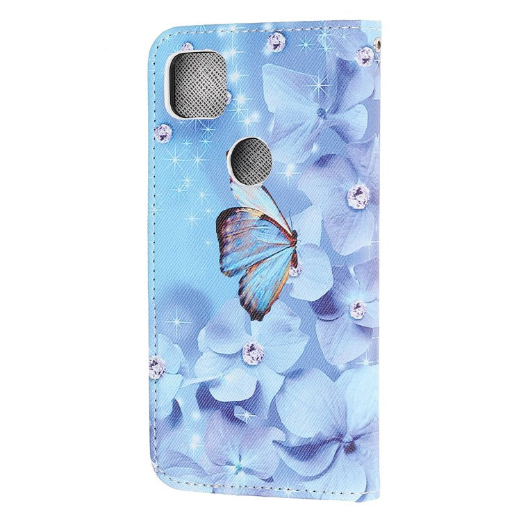Cross Texture Pattern Printing Leather Wallet Stand Cover with Strap for Google Pixel 4a - Butterfly and Flowers