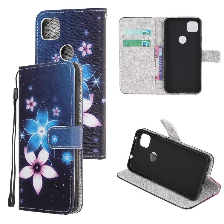 Cross Texture Pattern Printing Leather Wallet Stand Cover with Strap for Google Pixel 4a - Flower