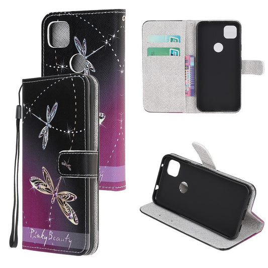 Cross Texture Pattern Printing Leather Wallet Stand Cover with Strap for Google Pixel 4a - Dragonfly