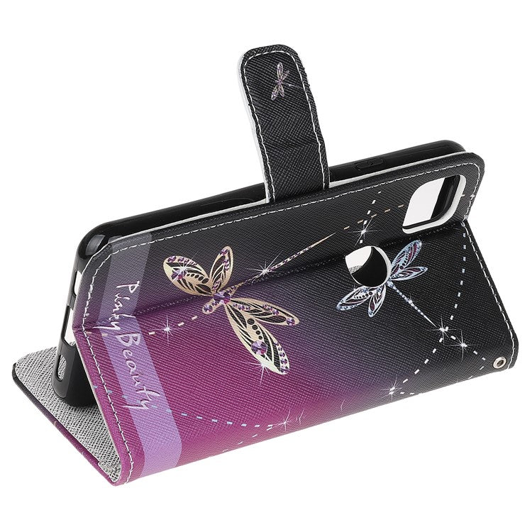 Cross Texture Pattern Printing Leather Wallet Stand Cover with Strap for Google Pixel 4a - Dragonfly