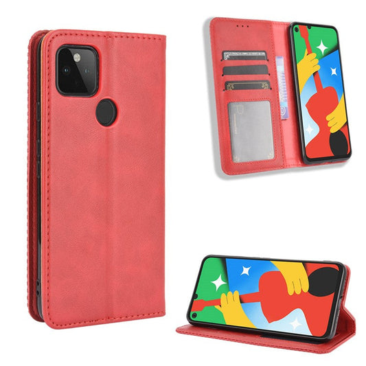 Vintage Style Wallet Stand Leather Phone Cover for Google Pixel 4a 5G - Red