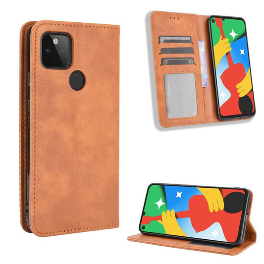 Vintage Style Wallet Stand Leather Phone Cover for Google Pixel 4a 5G - Brown
