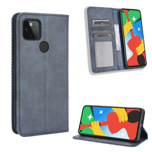Vintage Style Wallet Stand Leather Phone Cover for Google Pixel 4a 5G - Blue