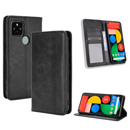 Vintage Style Magnetic PU Leather Cover with Wallet Stand Phone Casing for Google Pixel 5 - Black