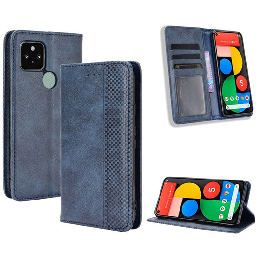 Vintage Style Magnetic PU Leather Cover with Wallet Stand Phone Casing for Google Pixel 5 - Blue