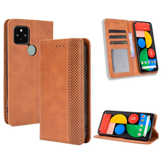 Vintage Style Magnetic PU Leather Cover with Wallet Stand Phone Casing for Google Pixel 5 - Brown