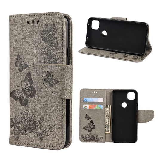 Butterfly Pattern Imprinting TPU + PU Leather Phone Protector for Google Pixel 4a - Grey