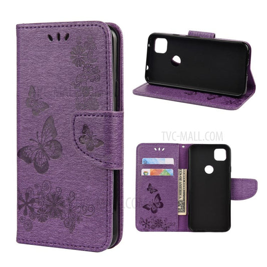 Butterfly Pattern Imprinting TPU + PU Leather Phone Protector for Google Pixel 4a - Purple