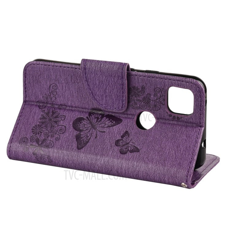 Butterfly Pattern Imprinting TPU + PU Leather Phone Protector for Google Pixel 4a - Purple