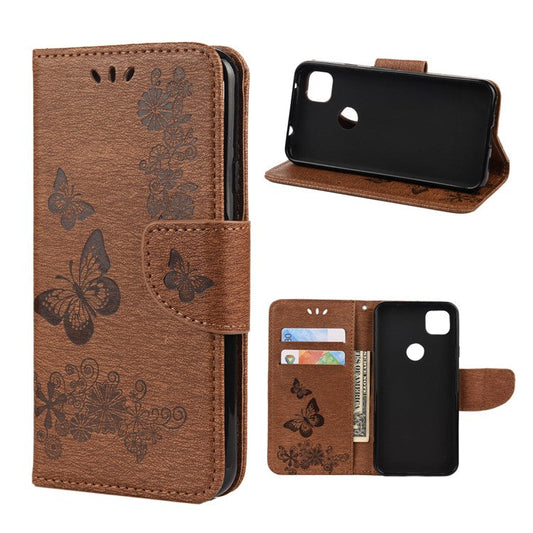 Butterfly Pattern Imprinting TPU + PU Leather Phone Protector for Google Pixel 4a - Brown