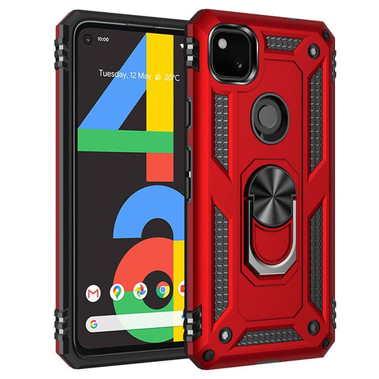 Hybrid PC TPU Shell for Google Pixel 4a Kickstand Armor Cover - Red