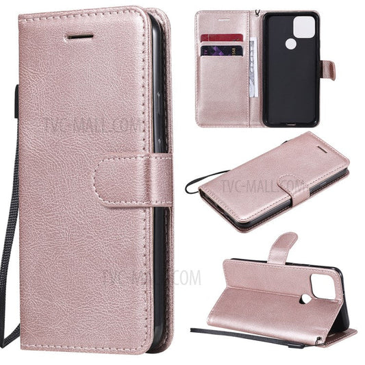 KT Leather Series-2 PU Leather Wallet Stand Case with Lanyard for Google Pixel 5 - Rose Gold