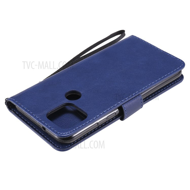 KT Leather Series-2 PU Leather Wallet Stand Case with Lanyard for Google Pixel 5 - Blue