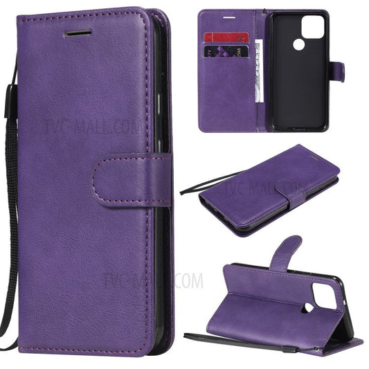 KT Leather Series-2 PU Leather Wallet Stand Case with Lanyard for Google Pixel 5 - Purple