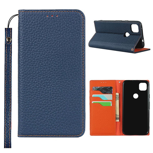 Litchi Skin Genuine Leather Coated TPU Stand Case for Google Pixel 4a - Dark Blue