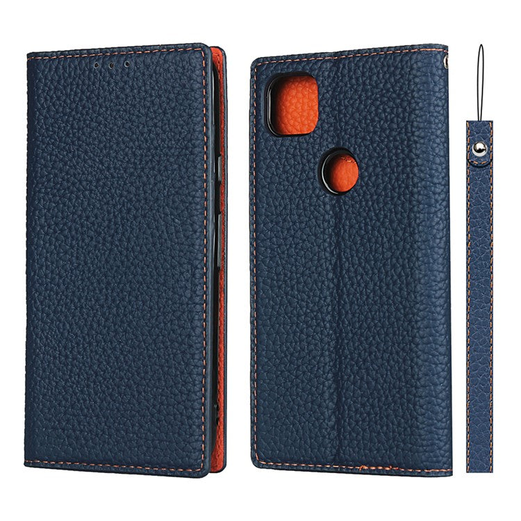 Litchi Skin Genuine Leather Coated TPU Stand Case for Google Pixel 4a - Dark Blue