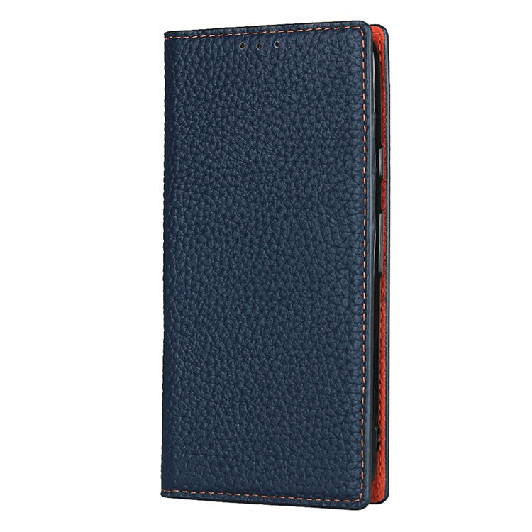 Litchi Skin Genuine Leather Coated TPU Stand Case for Google Pixel 4a - Dark Blue