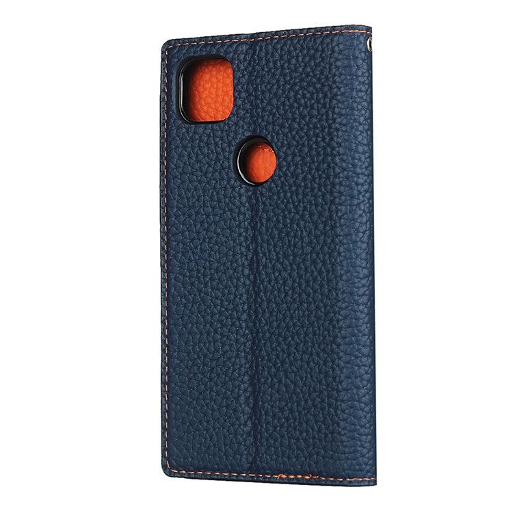 Litchi Skin Genuine Leather Coated TPU Stand Case for Google Pixel 4a - Dark Blue