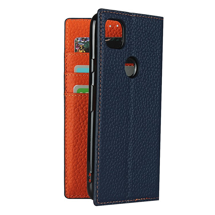 Litchi Skin Genuine Leather Coated TPU Stand Case for Google Pixel 4a - Dark Blue