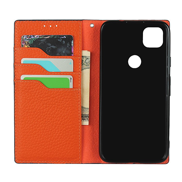 Litchi Skin Genuine Leather Coated TPU Stand Case for Google Pixel 4a - Orange