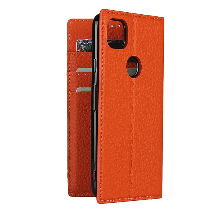 Litchi Skin Genuine Leather Coated TPU Stand Case for Google Pixel 4a - Orange