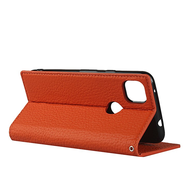 Litchi Skin Genuine Leather Coated TPU Stand Case for Google Pixel 4a - Orange