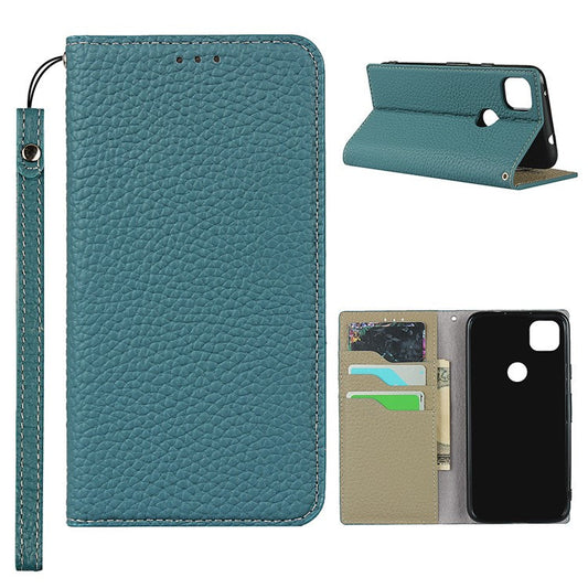 Litchi Skin Genuine Leather Coated TPU Stand Case for Google Pixel 4a - Baby Blue