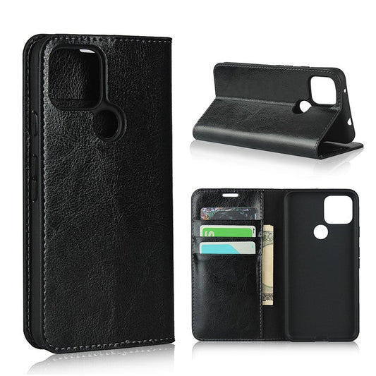 Crazy Horse Genuine Leather Wallet Stand Cover Case for Google Pixel 4a 5G - Black