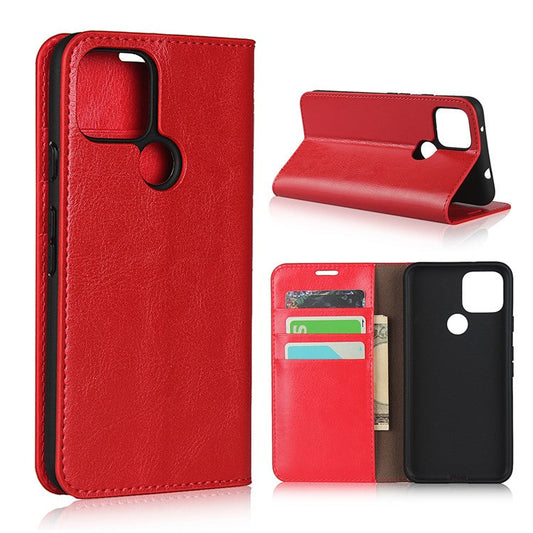 Crazy Horse Genuine Leather Wallet Stand Cover Case for Google Pixel 4a 5G - Red