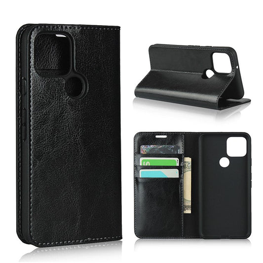 Crazy Horse Genuine Leather Wallet Stand Case for Google Pixel 5 - Black