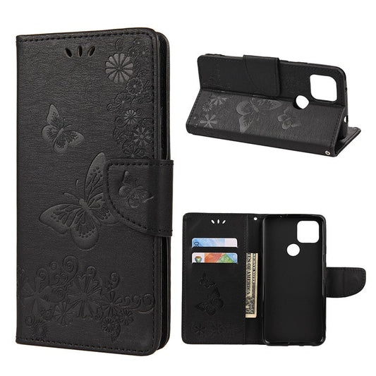Butterfly Flower Imprint Leather Wallet Case with Stand for Google Pixel 4a 5G - Black