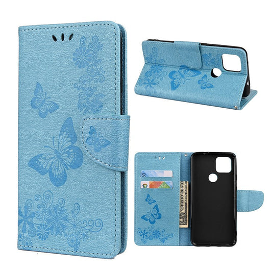 Butterfly Flower Imprint Leather Wallet Case with Stand for Google Pixel 4a 5G - Blue